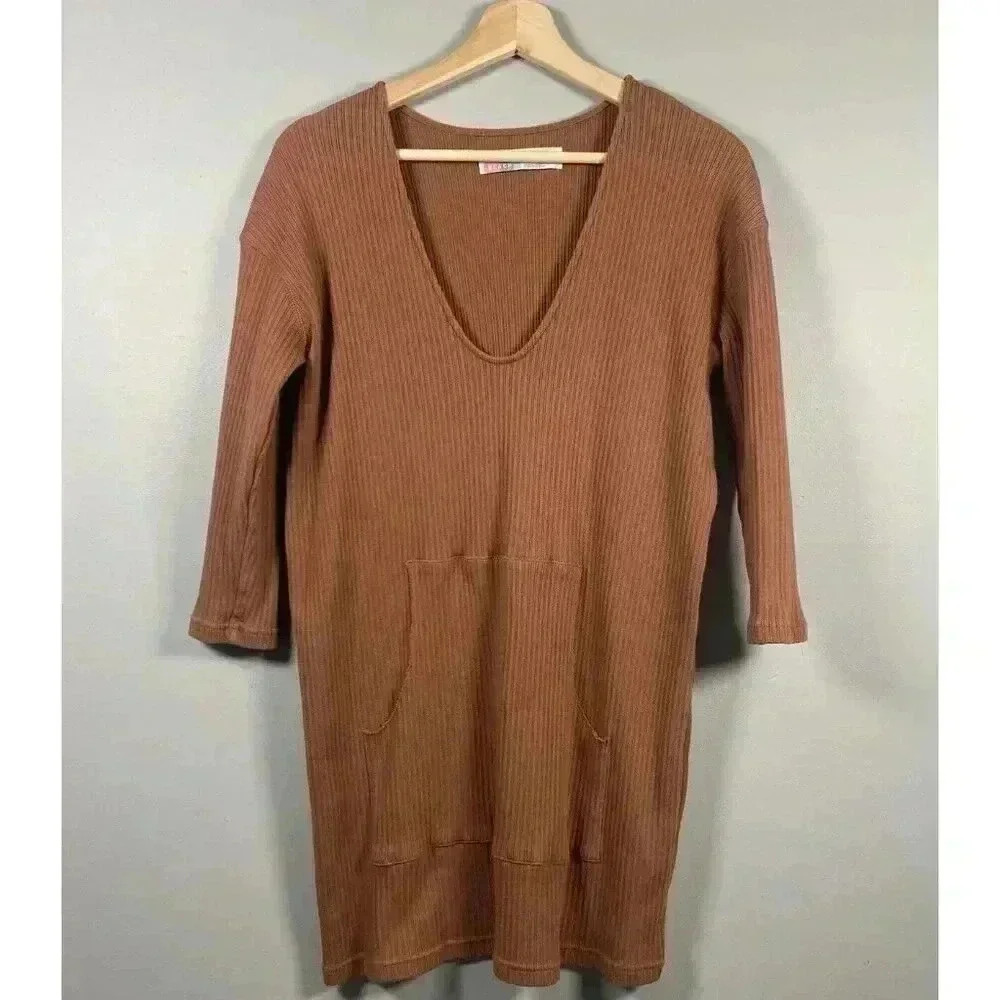 FREE PEOPLE Beach Phoenix Ribbed Mini‎ Dress Size S Small Brown Coverup Vacation